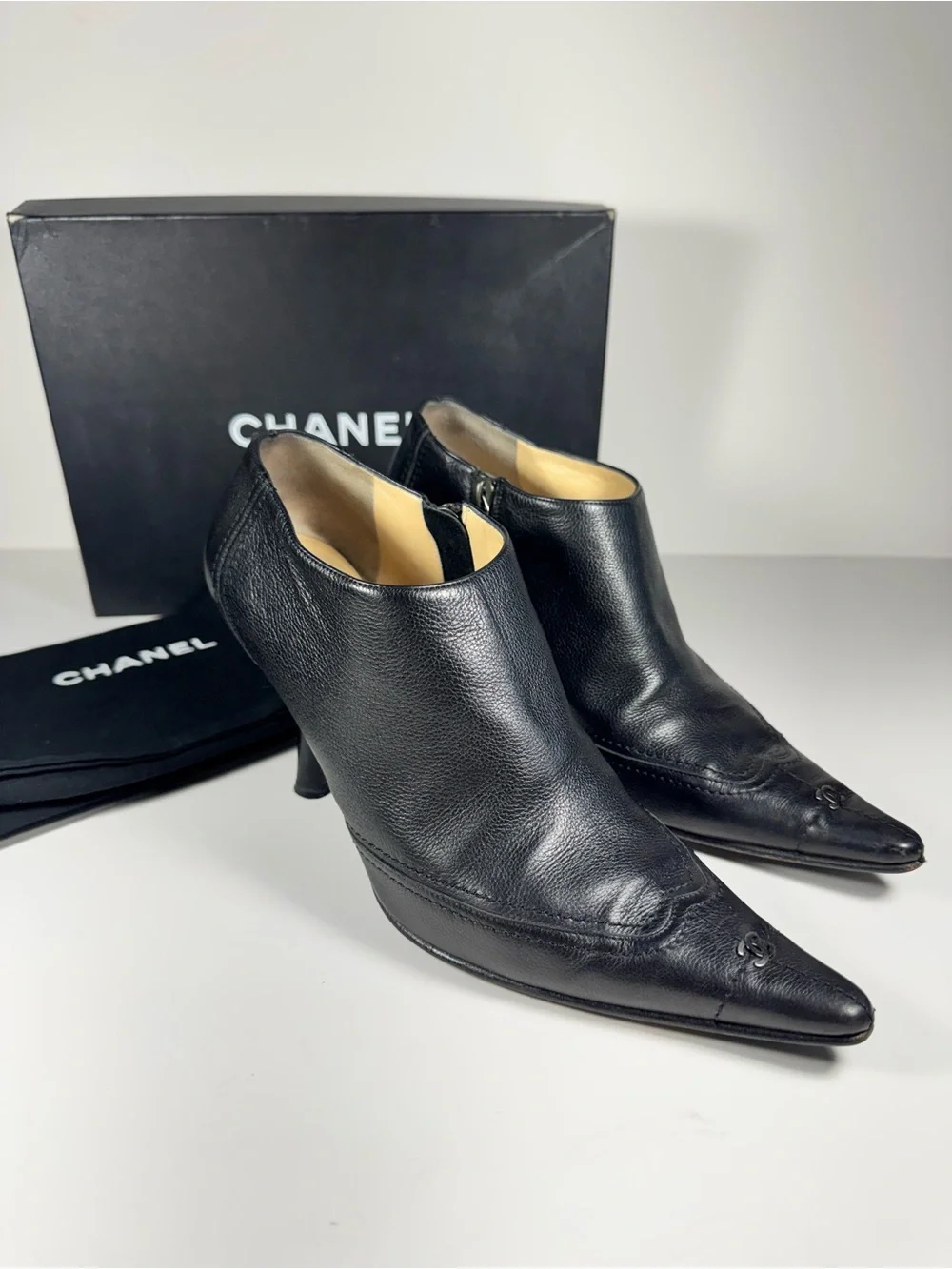 Vintage CHANEL Black Leather Western Kitten Ankle Heel Point Booties Women 9.5